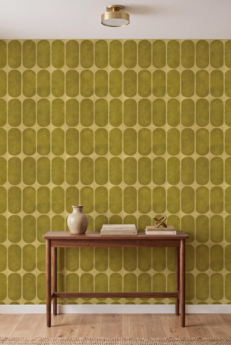 Mid Century Geometric Wallpaper Olive Gold Cream Retro Bold Home Wall Decor Peel and Stick or Traditional shown on an accent wall