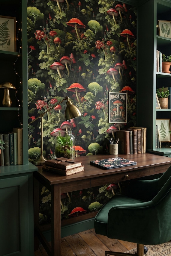 Whimsical Mushroom Wallpaper Vintage Botanical Forest Wall Decor Peel and Stick or Traditional - OPD35