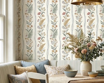 Papel pintado con diseño caprichoso de ramo floral inglés, rayas de flores silvestres, decoración de pared estilo cottagecore para el hogar - OPD529