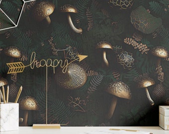 Gold Mushroom Wallpaper, Mushroom Peel and Stick Wallpaper, Removable Luxury Wall Decor, Vintage Botanical Decal, Black and Gold Wallpaper