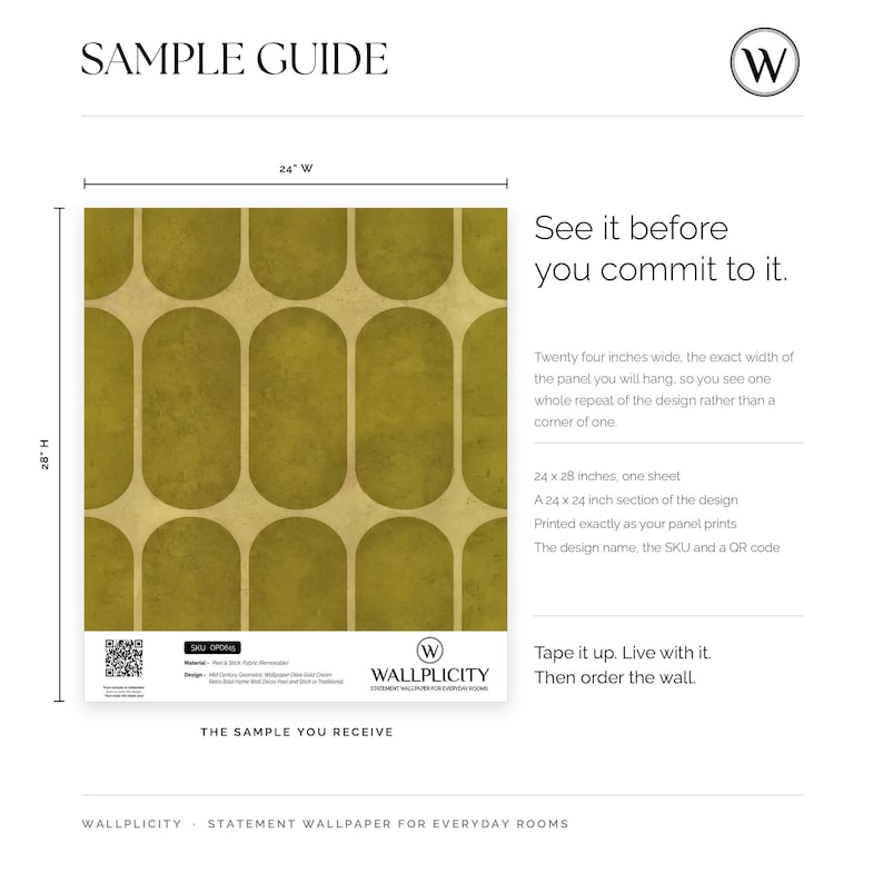 Mid Century Geometric Wallpaper Olive Gold Cream Retro Bold Home Wall Decor Peel and Stick or Traditional sample size guide
