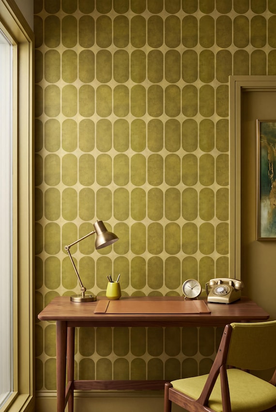 Mid Century Geometric Wallpaper Olive Gold Cream Retro Bold Home Wall Decor Peel and Stick or Traditional - OPD615