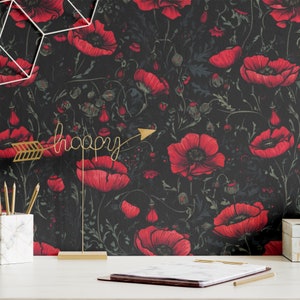 Papel de parede Red Poppy Botanical Wall Decor Bold California Poppy Dark Floral Mural Removível Peel and Stick ou Permanente Papel de parede tradicional