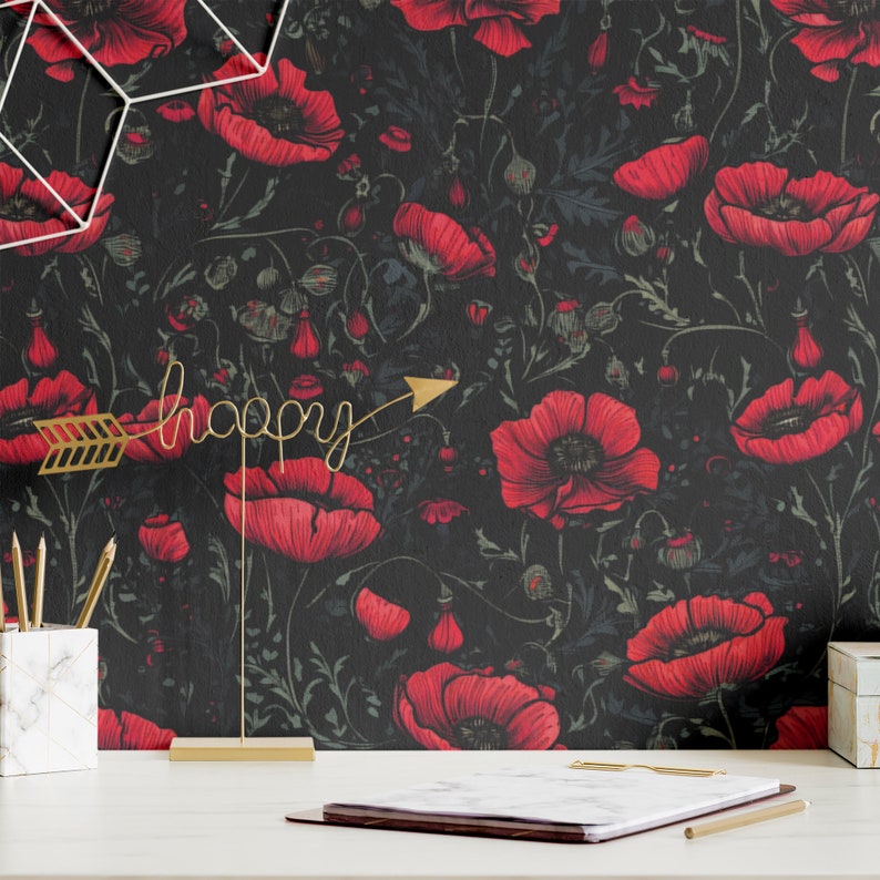 Wallpaper Red Poppy Botanical Wall Decor Bold California Poppy Etsy