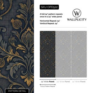 The image is a collage of three different pattern details for a 24-inch wide panel. The first panel is a full 24-inch pattern that repeats once in a 24-inch wide panel. The second panel is a 24-inch wide panel with a vertical pattern. The third panel is a 24-inch wide panel with a horizontal pattern. The image provides a visual representation of the pattern details, allowing the viewer to compare the different patterns and their sizes.