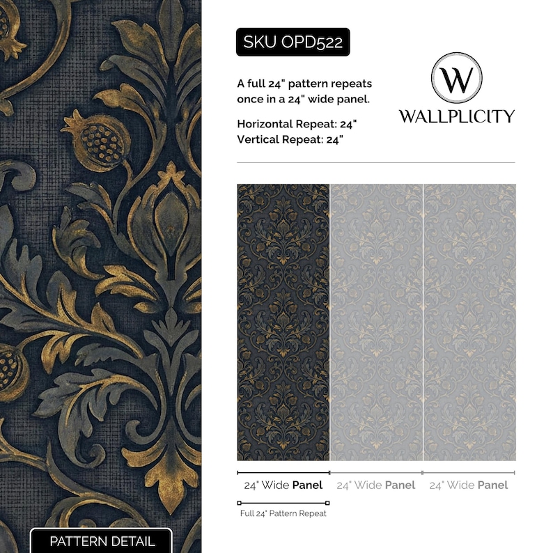 The image is a collage of three different pattern details for a 24-inch wide panel. The first panel is a full 24-inch pattern that repeats once in a 24-inch wide panel. The second panel is a 24-inch wide panel with a vertical pattern. The third panel is a 24-inch wide panel with a horizontal pattern. The image provides a visual representation of the pattern details, allowing the viewer to compare the different patterns and their sizes.
