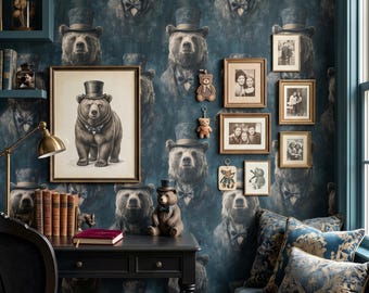 Bear Wallpaper Dark Victorian Vintage Animals in Top Hats Whimsical Home Wall Decor Peel and Stick or Traditional - OPD563