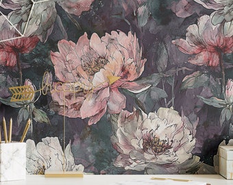 Wallpaper Dark Botanical Funky Peony Wall Decor Gothic Maximalist Wall Mural Removable Peel and Stick or Permanent Traditional Wallpaper