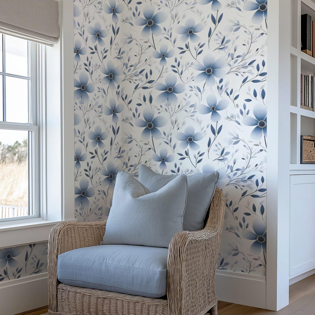 Navy Floral Wallpaper Blue Botanical Flower Wall Decor Peel and Stick ...
