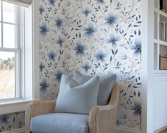 Navy Floral Wallpaper Blue Botanical Flower Wall Decor Peel and Stick or Traditional - OPD209