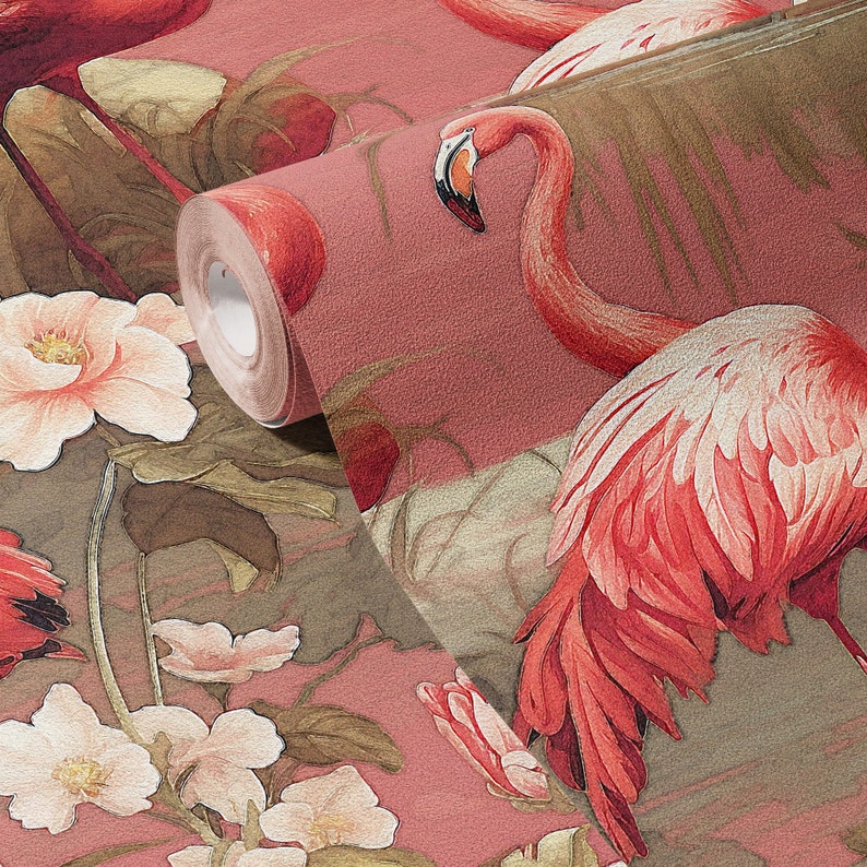 Wallpaper Vintage Flamingo Pink Retro Bird Mural Luxury Tropical Wall Decor Removable Peel and Stick or Permanent Traditional Wallpaper image 1