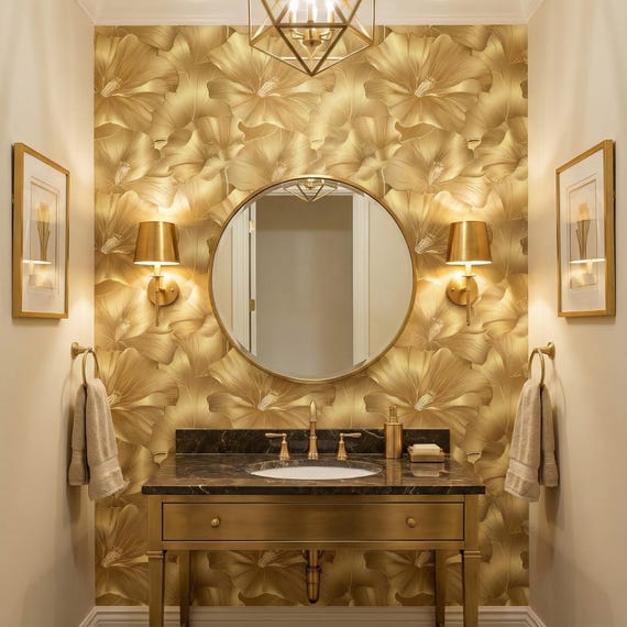 Art Deco Glam Wallpaper Retro Gold Floral Bloom Mural Modern Accent Wall Decor - OPD437