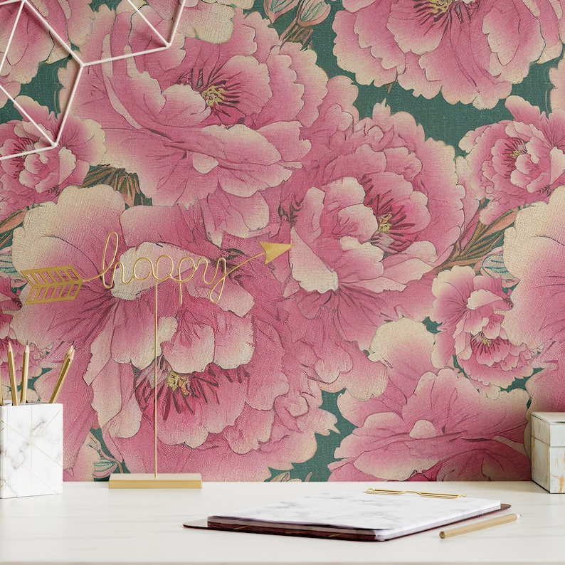 Wallpaper Removable Peel and Stick or Permanent Traditional Wallpaper Large Pink Peony Chinoiserie Wall Decor Vintage Pink Floral Wallpaper