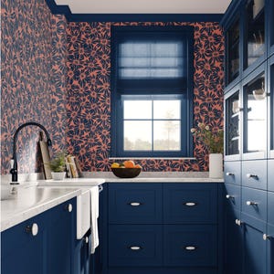 Carta da parati Retro Navy Peach Daisy Botanico Lusso Decorazione murale Colore personalizzato Floreale Rimovibile Peel and Stick o Permanente Carta da parati tradizionale