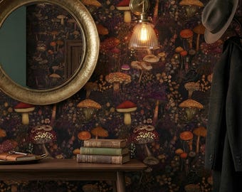 Mushroom Botanical Wallpaper Dark Whimsical Forest Wall Decor Peel and Stick or Traditional - OPD1