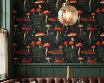 Mushroom Wallpaper Dark Red Vintage Botanical Cottagecore Wall Decor - OPD83