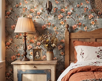 Vintage Botanical Wallpaper Gray Coral Blossom Floral Home Wall Decor - OPD264