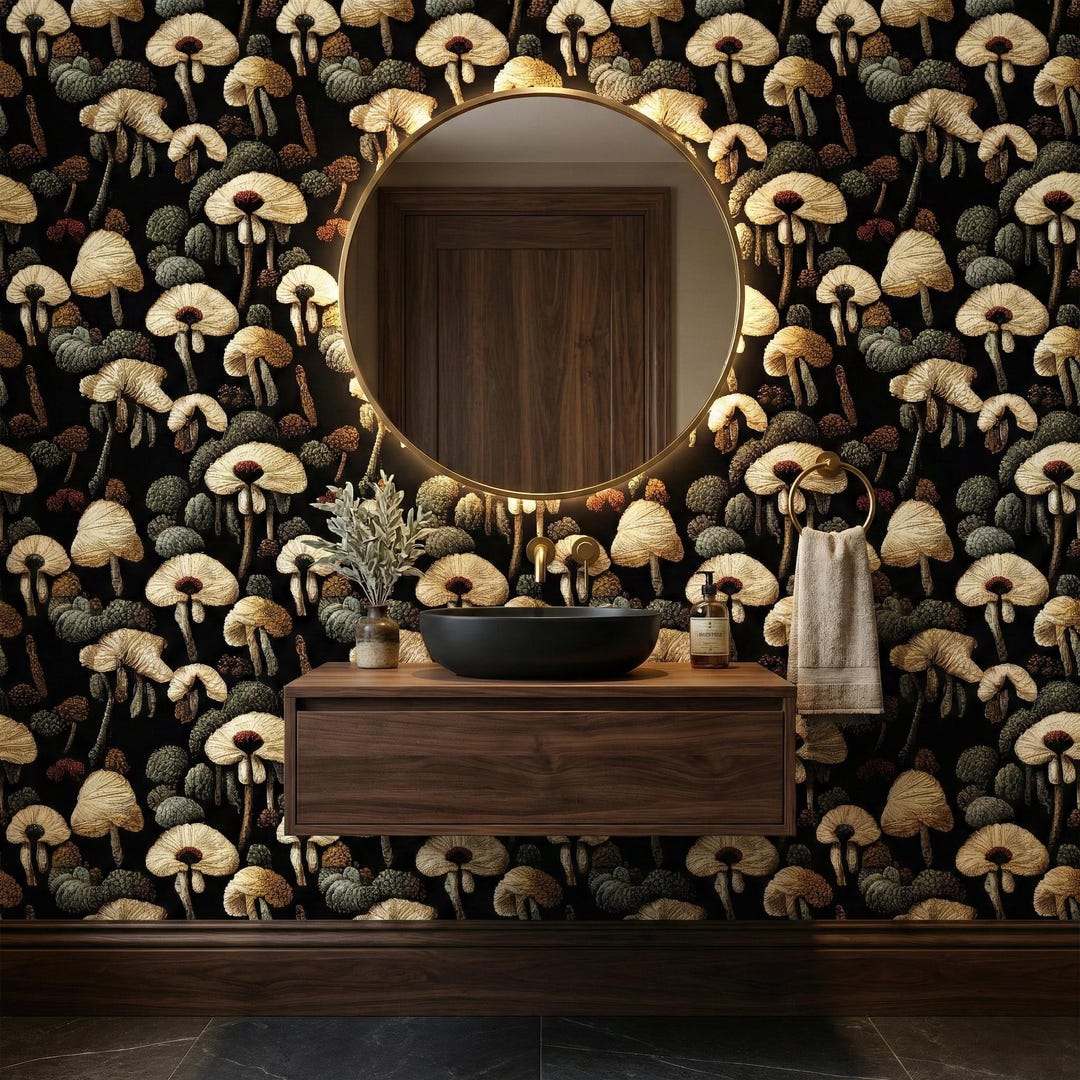Dark Mushroom Wallpaper Vintage Botanical Fungi Forest Cottagecore Wall ...