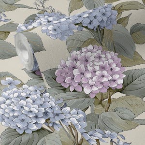 Carta da parati rimovibile, stacca e attacca o permanente, carta da parati tradizionale, ortensie, floreale, vintage, decorazione da parete, decorazione per la casa, arte da parete, decorazione per la stanza