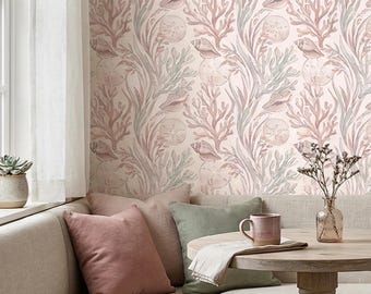 Papel pintado costero con diseño náutico caprichoso de coral rosa y conchas marinas para decoración de paredes del hogar - OPD540