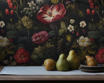 Dark Floral Wallpaper Dutch Flower Accent Wall Decor Peel and Stick or Traditional - OPD24