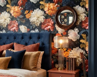 Dark Floral Wallpaper Vintage Moody Botanical Flower Home Wall Decor  - OPD191