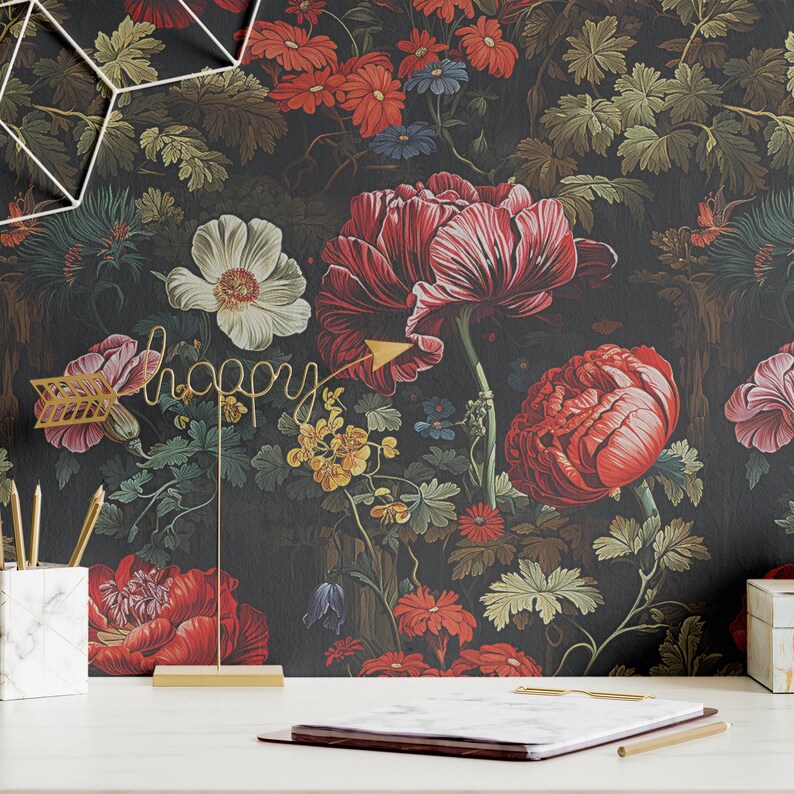 Vintage Dark Floral Wallpaper Botanical Flower Forest Wall Decor ...