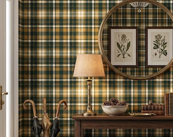 Papel pintado a cuadros con rayas, mostaza, dorado y verde bosque para decoración de paredes del hogar - OPD524