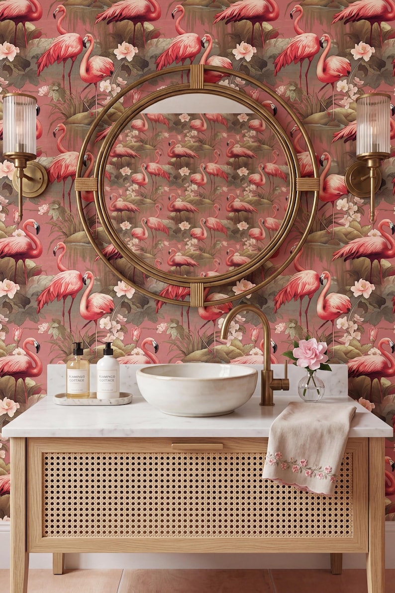 May include: A bathroom vanity with a marble countertop, a round mirror, and a flamingo-themed wallpaper. The vanity has a woven cane front and a gold faucet. Two sconces flank the mirror.
