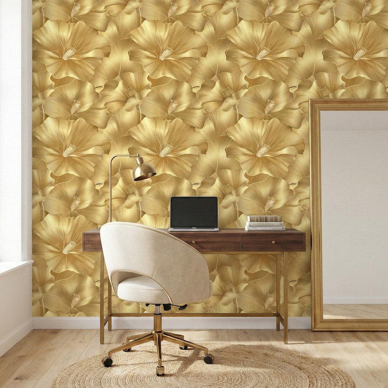 a modern and stylish workspace with a wooden desk, a white chair, and a gold-framed mirror on the wall. The wall is covered in a gold floral wallpaper, creating a luxurious and sophisticated atmosphere.