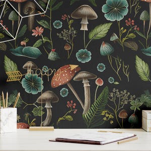 Carta da parati Foresta scura Fungo Peel and Stick o carta da parati tradizionale Decorazione murale di lusso Decalcomania botanica vintage Adesivo murale fungo nero