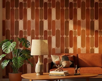 Papel pintado retro geométrico terracota marrón despegable y adhesivo, decoración de pared moderna de mediados de siglo - OPD396