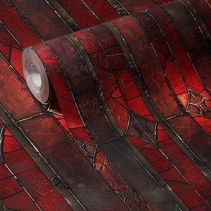 赤いステンドグラスのゴシック壁紙。ドラマチックな壁飾り。剥がして貼るタイプ、または従来のタイプ - OPD263