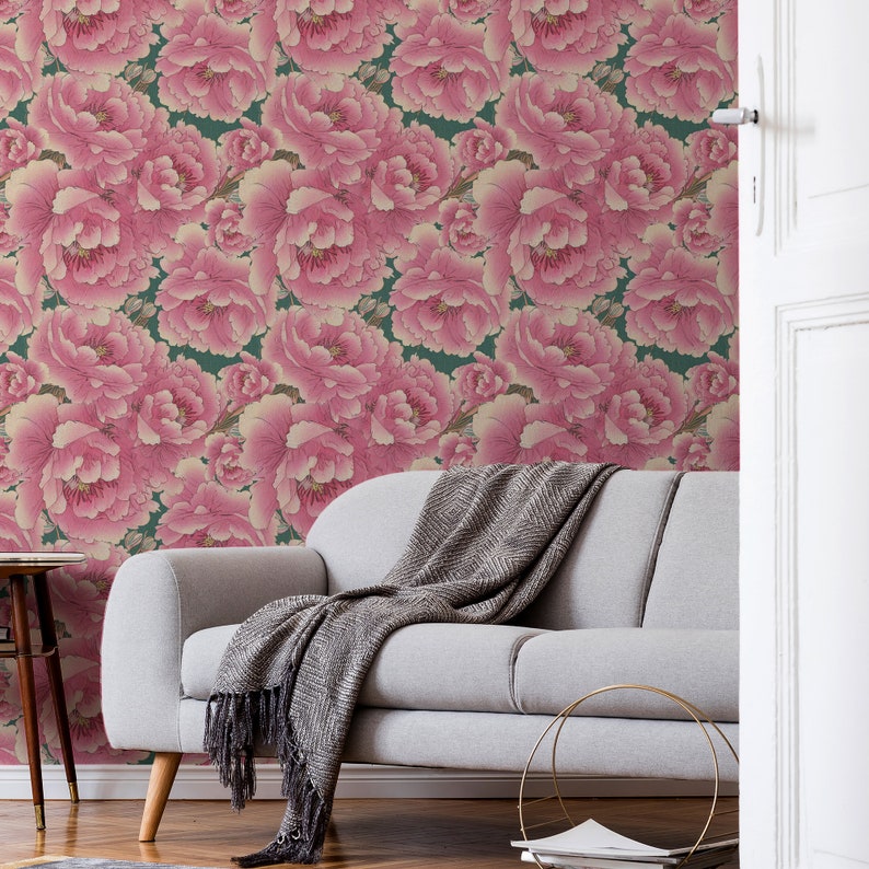 Large Pink Peony Chinoiserie Wallpaper Peel and Stick Etsy