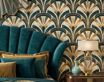 Papel pintado Art Déco verde azulado dorado, retro geométrico vintage, decoración colorida para el hogar - OPD528