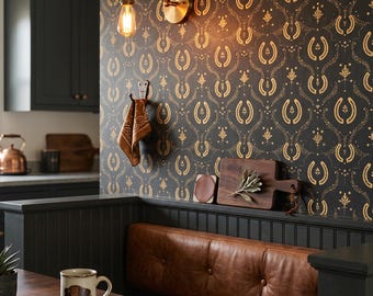 Black Gold Western Wallpaper Dark Moody Horseshoe Damask Home Wall Decor Peel and Stick or Traditional - OPD561