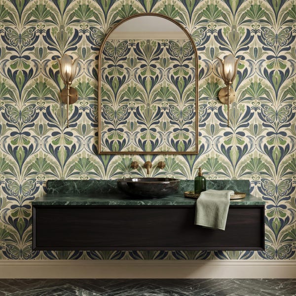 Whimsical Wallpaper Vintage Art Nouveau Green Navy Butterfly Moody Home Wall Decor - OPD512