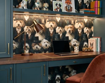 Vintage Dog Wallpaper Whimsical Dark Academia Black Cream Dogs in Top Hats Home Wall Decor Peel and Stick or Traditional - OPD574