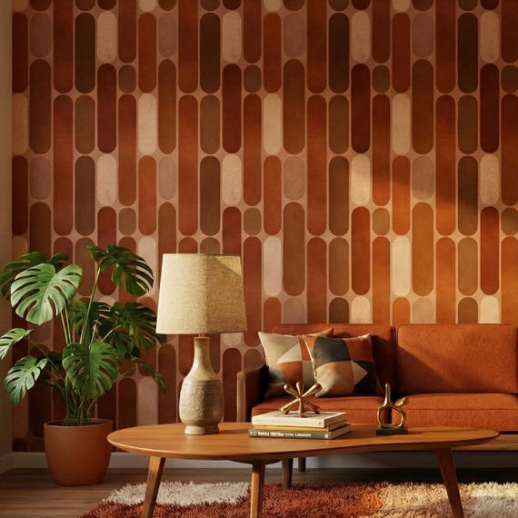 Retro Wallpaper Geometric Terracotta Brown Peel Stick Mid Century Modern Wall Decor - OPD396