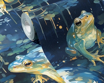 Dreamy Frog Wallpaper: Dark Moody Blue Watercolor Wall Decor