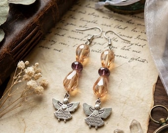 Handmade Angel Charm Earrings with Amber and Purple Beads