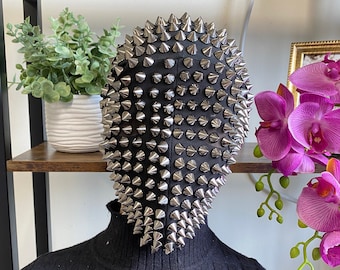 Full Face Studded Spike Mask, Full Coverage Handcrafted Silver Spike Mask