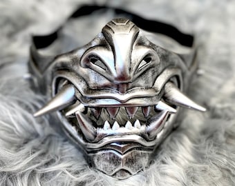 Japanese Oni Half Face Mask, Japanese Samurai Hannya Oni Mask, Masquerade Devil Costume Mask For Halloween