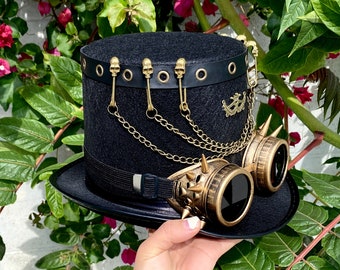 Steampunk Top Hat With Goggles, Skull Mad Scientist Time Traveler Cosplay Hat