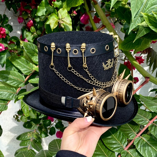 Chapeau haut de forme steampunk avec lunettes, chapeau de cosplay voyageur du temps savant fou tête de mort