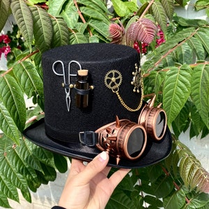 Chapeau haut de forme steampunk avec lunettes, chapeau de cosplay voyageur du temps savant fou