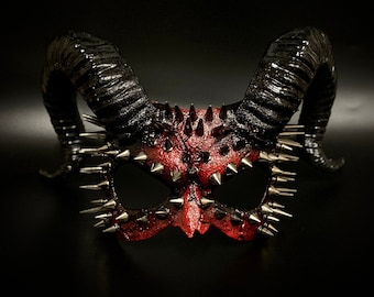 Black Red Devil Ram Horns Mask With Spike, Half Face Masquerade Mask, Spike Ram Horn Animal Skull Mask, For Halloween, Cosplay, Party