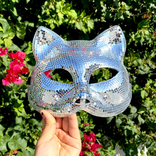 Silver Disco Ball Mirror Cat Face mask, Animal face mask with mirror pieces, Glitter disco cat face mask For Rave, Party, Festivals.