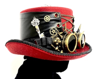 Chapeau haut de forme Steampunk rouge avec des lunettes, chapeau haut de forme Halloween Cosplay avec des plumes, chapeau de lunettes Steampunk avec des plumes