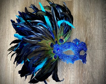 Blue Feather mask,  Lace Masquerade Mask with side feather, Rhinestone Feather Mask, Masquerade Mask for Hallowee, Party, Mardi Gras